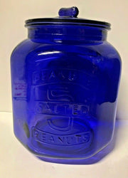 Vintage Peanut Salted Peanuts Cobalt Blue Glass Jar Planters Man