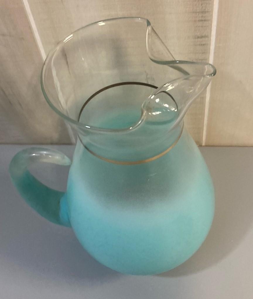Vintage Mid Century Turquoise Blue Ombre Blendo Frosted Pitcher with Gold Ring