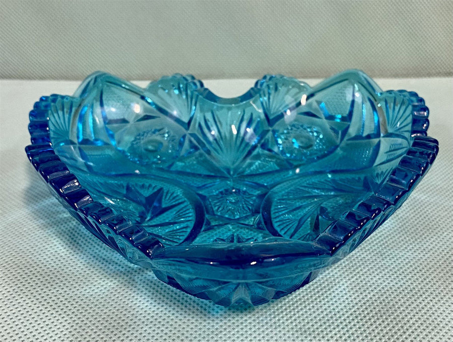 1960s Era RARE Blue Kemple McKee Glass Aztec Pattern Heart Shape Sawtooth Dish