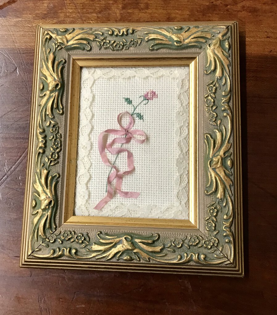 Small Needlepoint Picture. Rose Pattern with Lace and Ribbon.